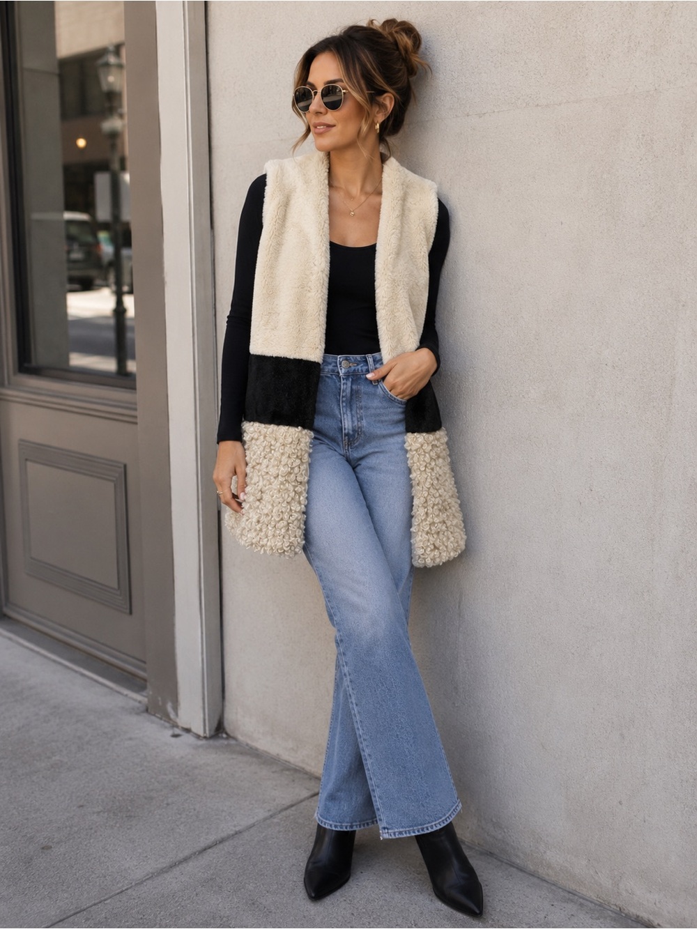 Catherine Malandrino Black and Cream Patchwork Shearling Vest